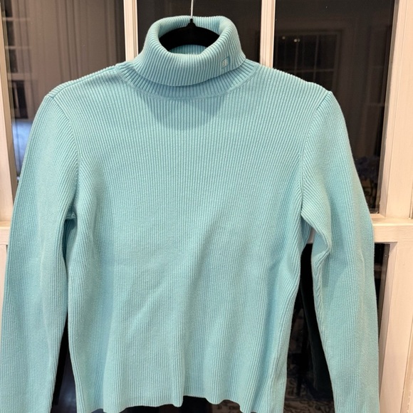 Lauren Ralph Lauren Women’s Ribbed Turtle Neck  Aqua Blue, Logo  Sz L - Picture 1 of 10